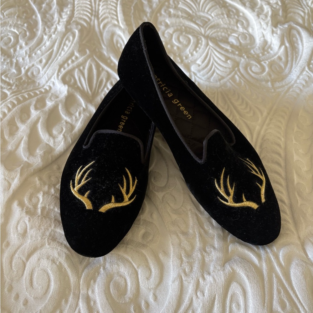Patricia Green Black Velvet Loafers with Gold Embroidery